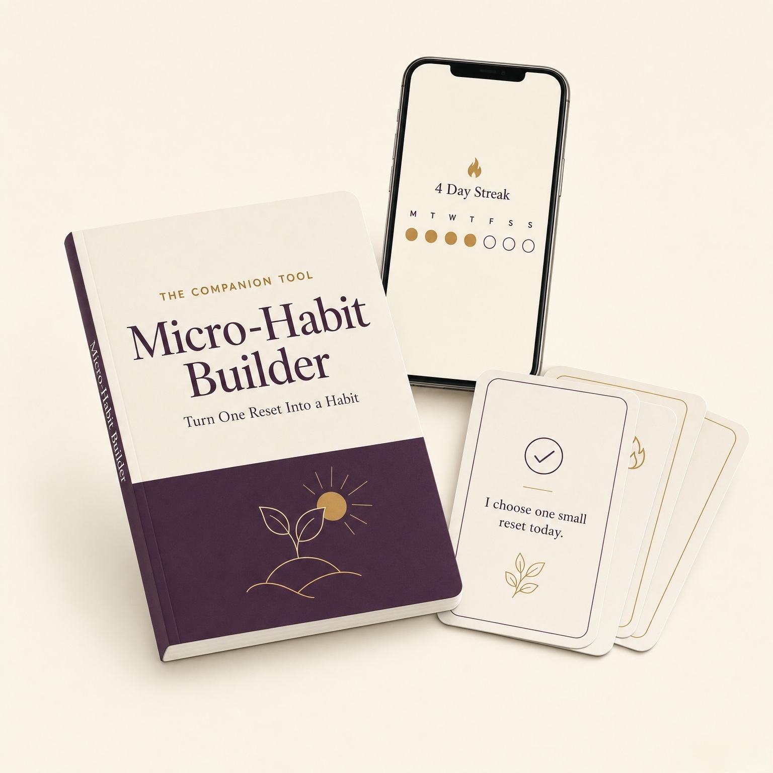 Micro-Habit Builder companion tool: guidebook, habit tracker, and affirmation cards