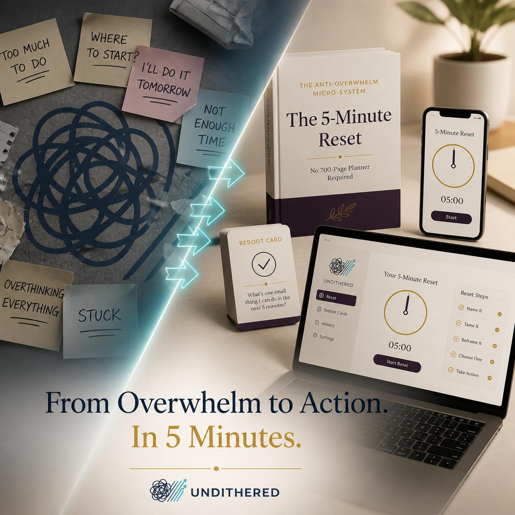 From overwhelm to action in 5 minutes: the 5-Minute Reset guidebook, phone timer, Reboot Cards, and the Undithered app transforming sticky notes into clarity