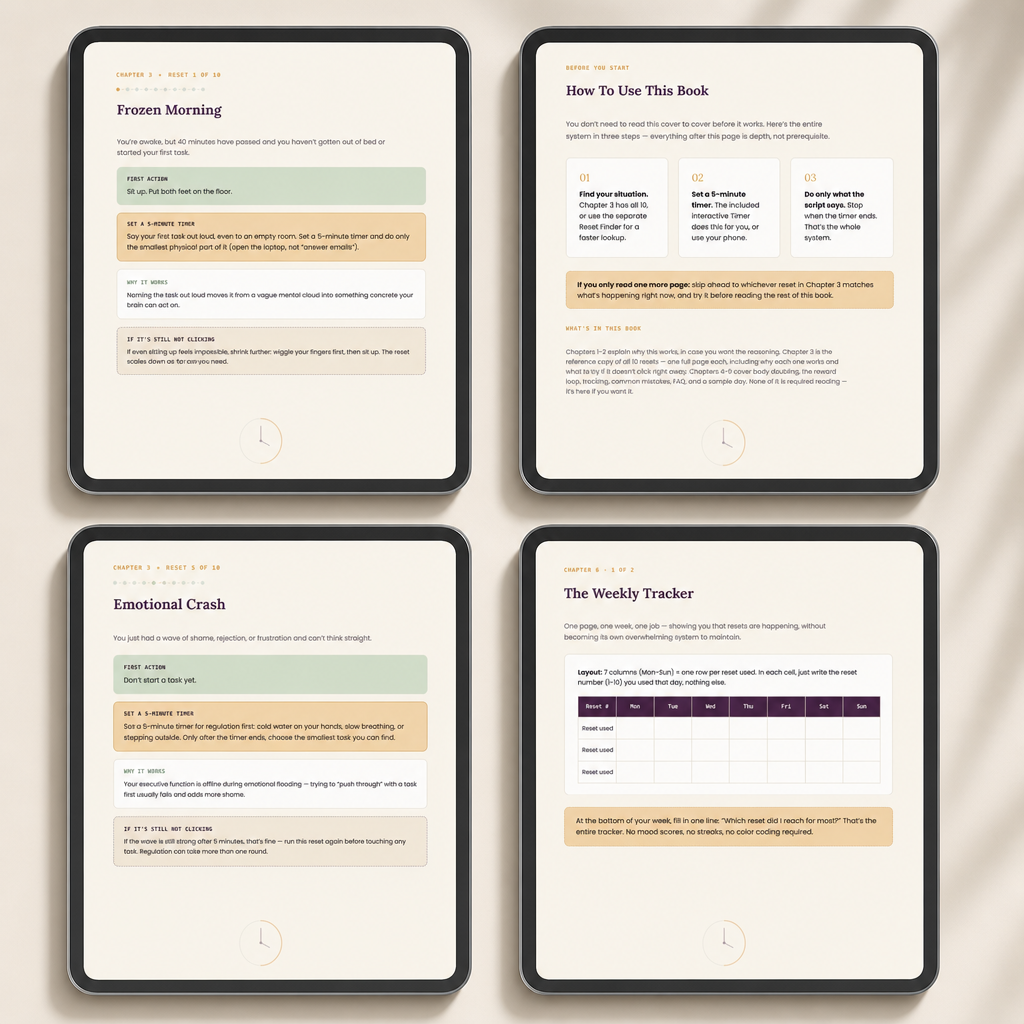 Four real pages from The 5-Minute Reset guide: Frozen Morning, How To Use This Book, Emotional Crash, and The Weekly Tracker